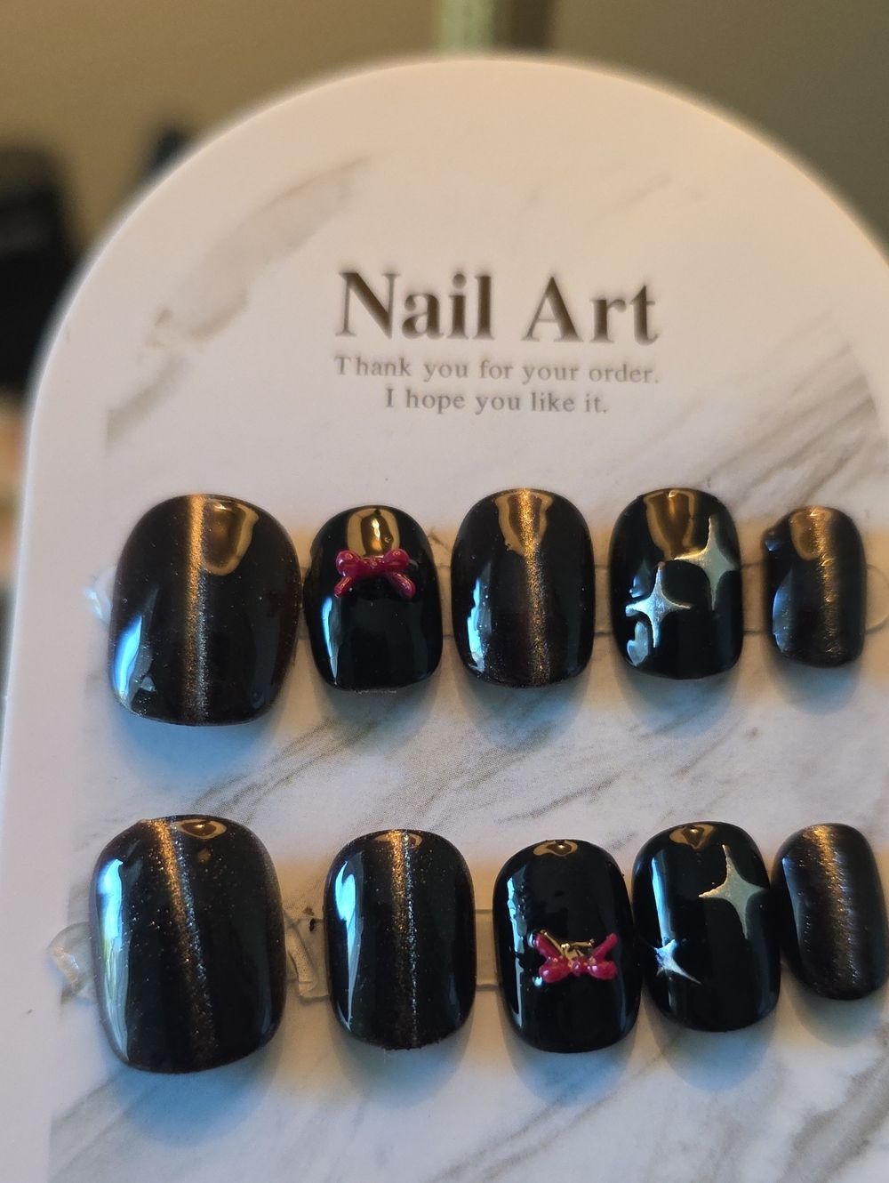 Black & Brown Galaxy Press-On Nails with Red Bow Accent Size Med